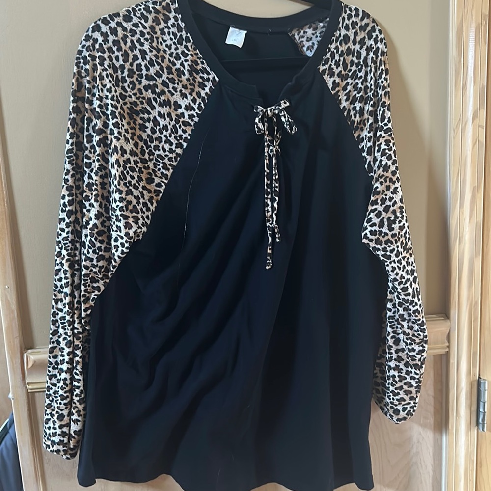 Leopard Black baseball tie up long sleeve blouse 2XL